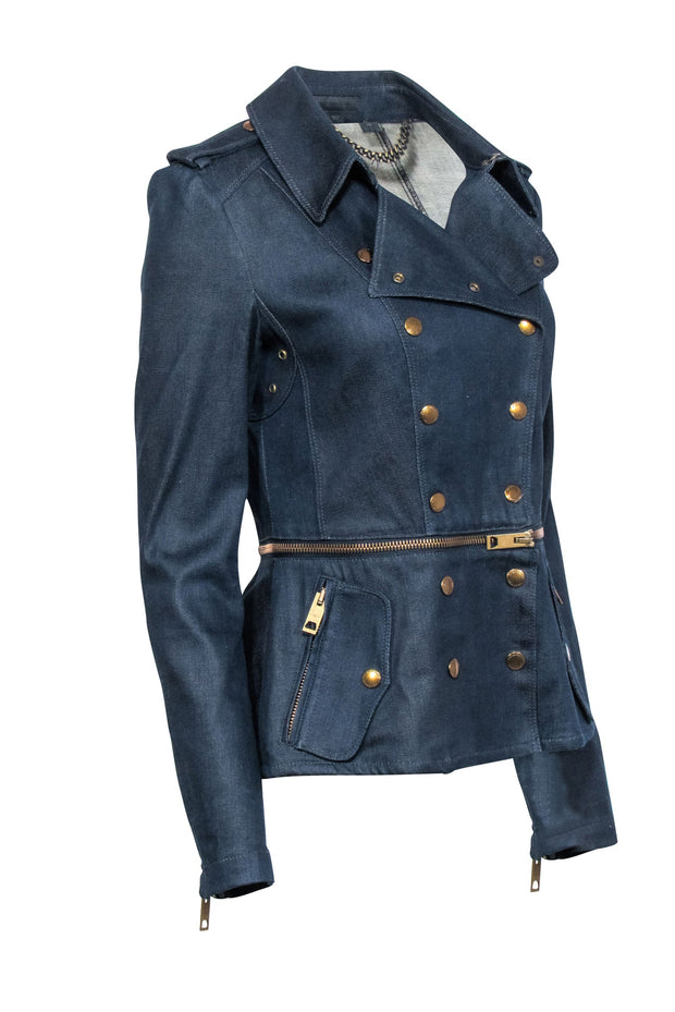 Current Boutique-Burberry - Dark Wash Denim Zip Off Bottom Peplum Jacket Sz 8