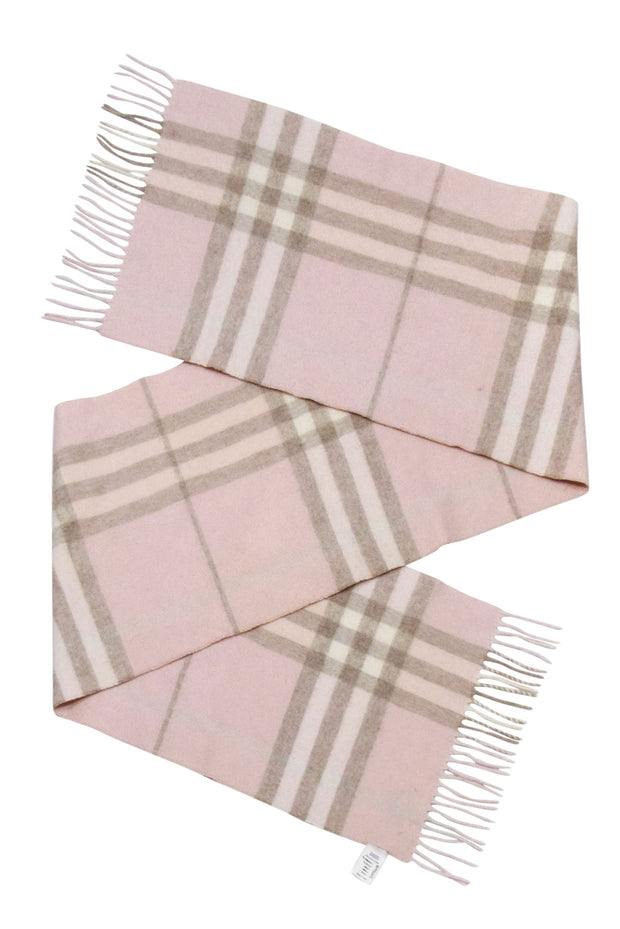 Current Boutique-Burberry - Blush, Beige & Cream Plaid Fringe Hem Cashmere Scarf