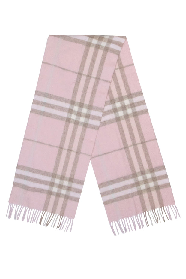 Current Boutique-Burberry - Blush, Beige & Cream Plaid Fringe Hem Cashmere Scarf
