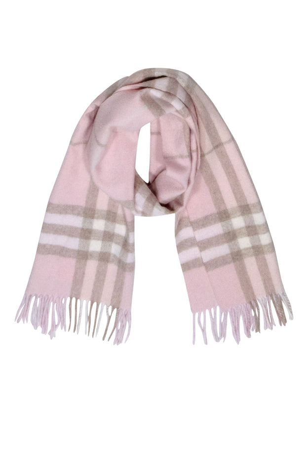 Current Boutique-Burberry - Blush, Beige & Cream Plaid Fringe Hem Cashmere Scarf