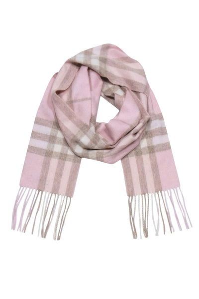 Current Boutique-Burberry - Blush & Beige Wide Plaid Fringe Scarf