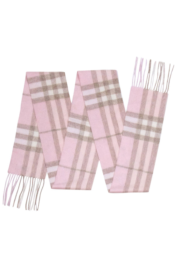 Current Boutique-Burberry - Blush & Beige Wide Plaid Fringe Scarf