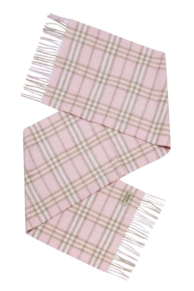 Current Boutique-Burberry - Pink & Beige Small Plaid Fringe Scarf