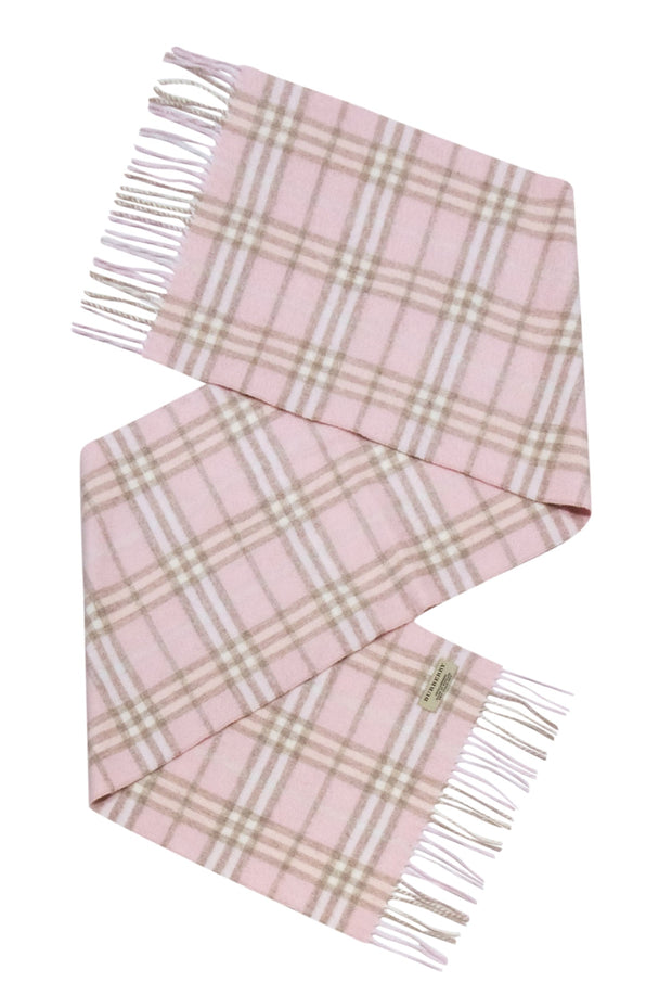 Current Boutique-Burberry - Pink & Beige Small Plaid Fringe Scarf