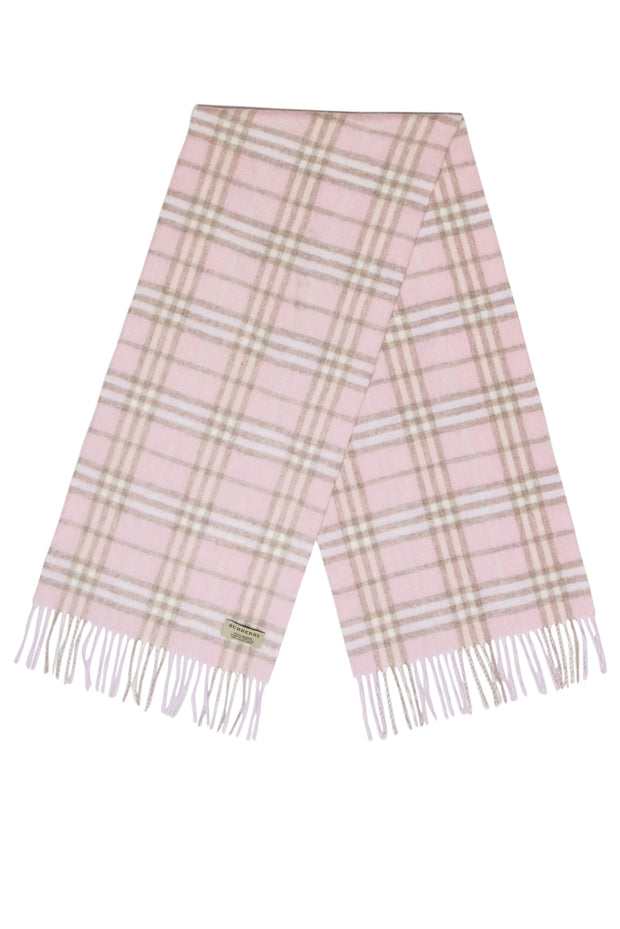 Current Boutique-Burberry - Pink & Beige Small Plaid Fringe Scarf