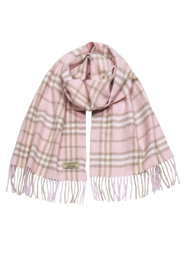 Current Boutique-Burberry - Pink & Beige Small Plaid Fringe Scarf