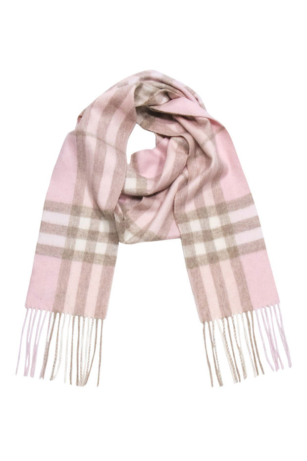 Current Boutique-Burberry - Pink & Beige Small Plaid Fringe Scarf