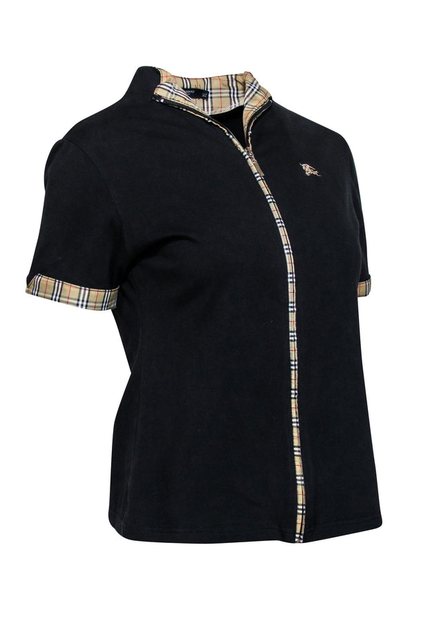 Current Boutique-Burberry - Black Zip-Up Short Sleeve Shirt w/ Plaid Trim Sz XL