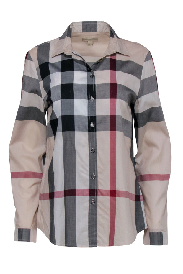 Current Boutique-Burberry - Beige Signature Plaid Long Sleeve Button Front Sz M