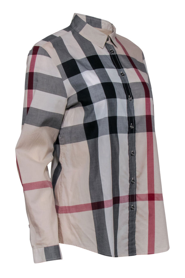 Current Boutique-Burberry - Beige Signature Plaid Long Sleeve Button Front Sz M