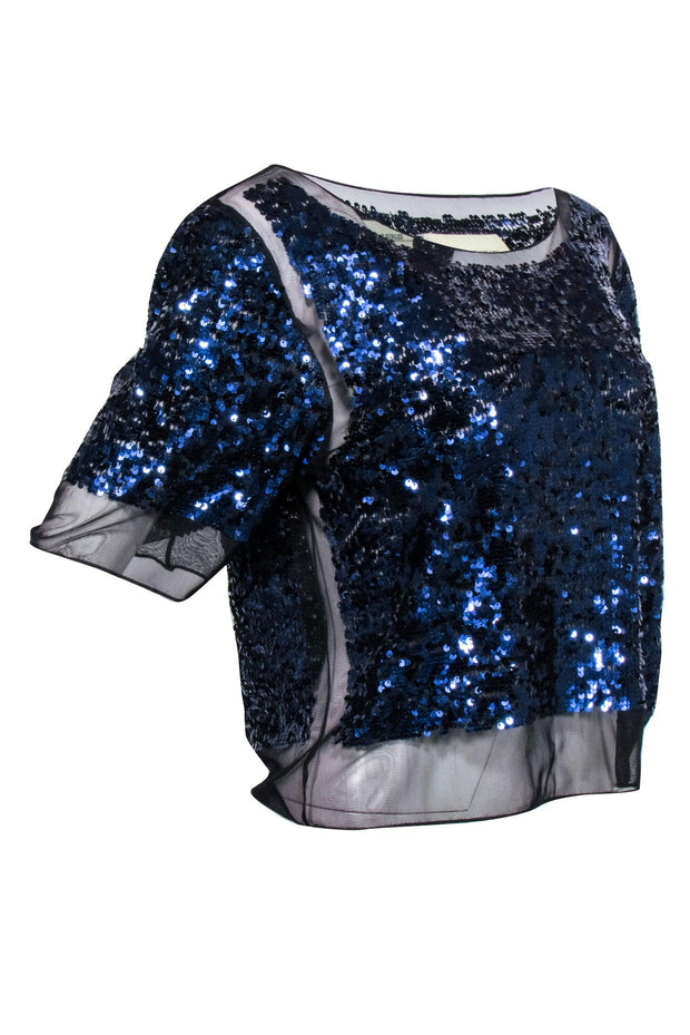 Current Boutique-By Malene Birger - Black Mesh Top w/ Navy Blue Sequins Sz XS