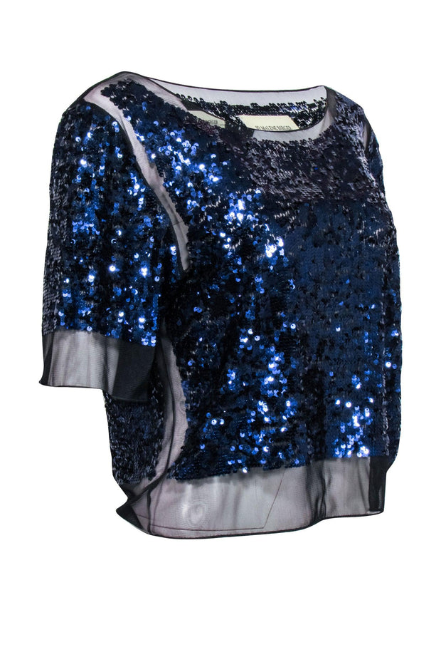Current Boutique-By Malene Birger - Black Mesh Top w/ Navy Blue Sequins Sz XS