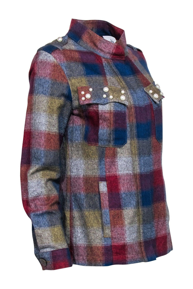 Current Boutique-Cabi - Maroon, Green, & Blue Plaid Print Jacket w/ Pearl Accent Sz M