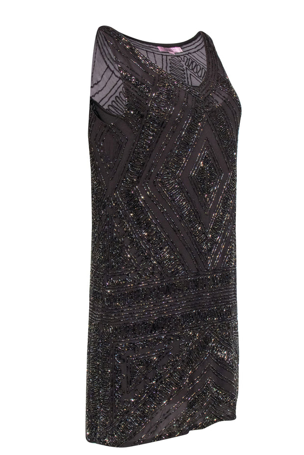 Current Boutique-Calypso - Brown Beaded Sleeveless Shift Dress Sz S