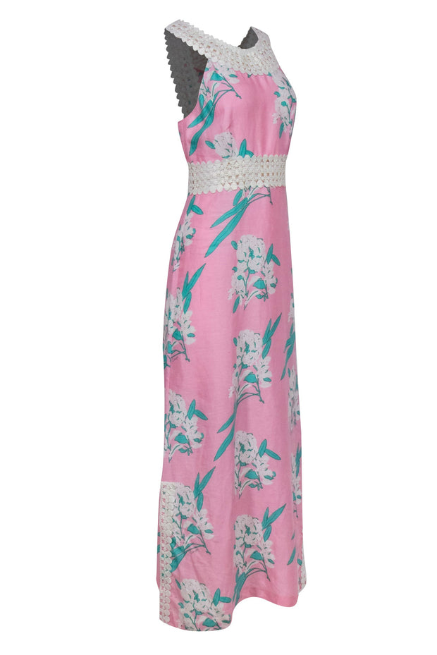 Current Boutique-Calypso - Pink & Green Floral Maxi Dress w/ Eyelet Neckline Sz S