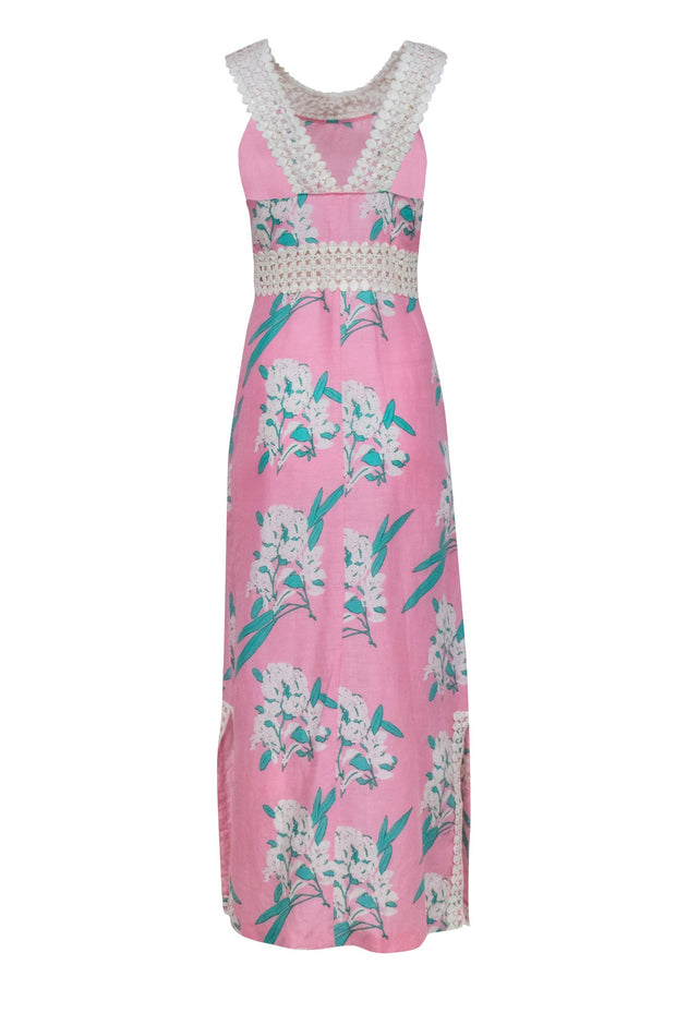 Current Boutique-Calypso - Pink & Green Floral Maxi Dress w/ Eyelet Neckline Sz S