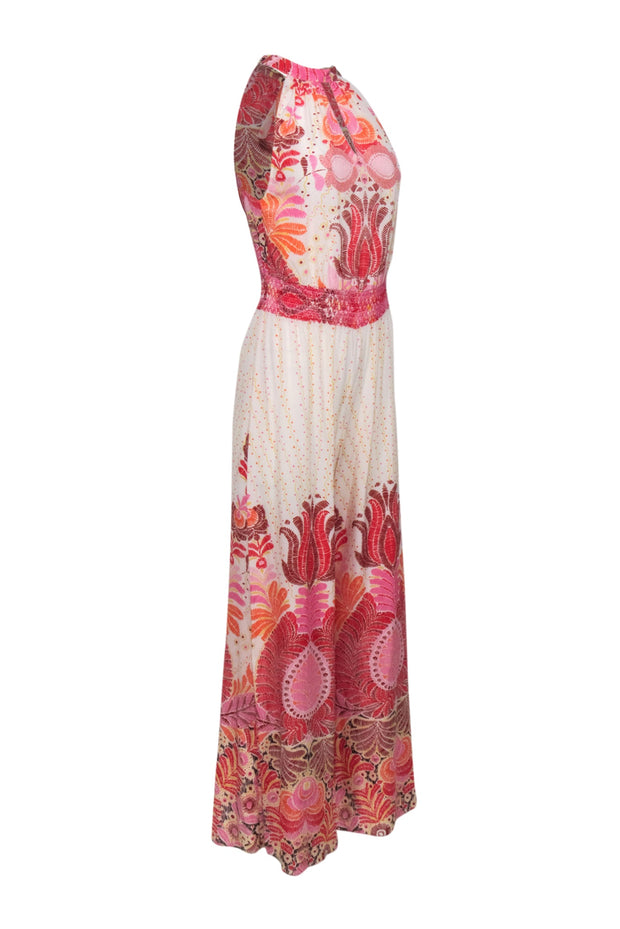 Current Boutique-Calypso - Ivory w/ Pink, Yellow, & Orange Print Mock Neck Tie Jumpsuit Sz XS