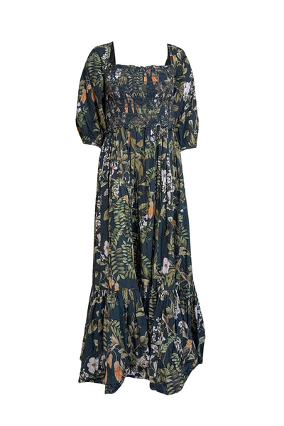 Current Boutique-Cara Cara - Green Floral Print Cotton Puff Sleeve Midi Dress Sz L