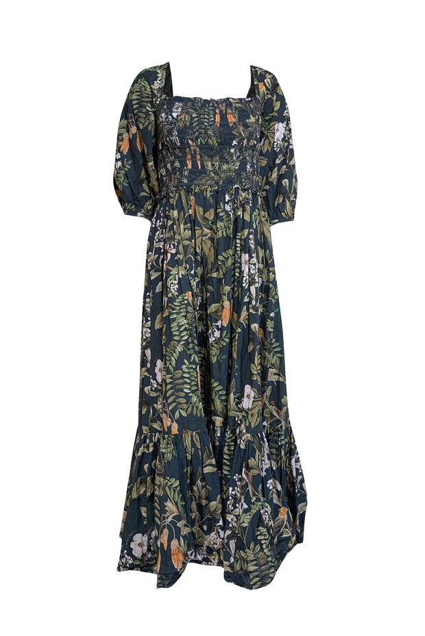 Current Boutique-Cara Cara - Green Floral Print Cotton Puff Sleeve Midi Dress Sz L