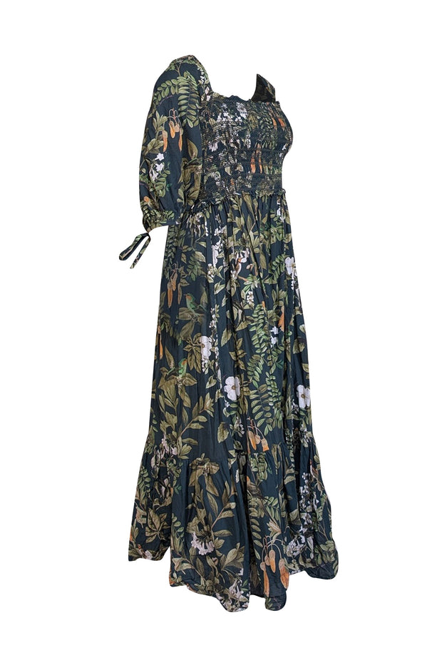 Current Boutique-Cara Cara - Green Floral Print Cotton Puff Sleeve Midi Dress Sz L