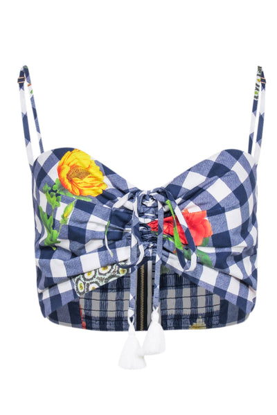 Current Boutique-Cara Cara - Navy & White Gingham Crop Top w/ Floral Print Sz S