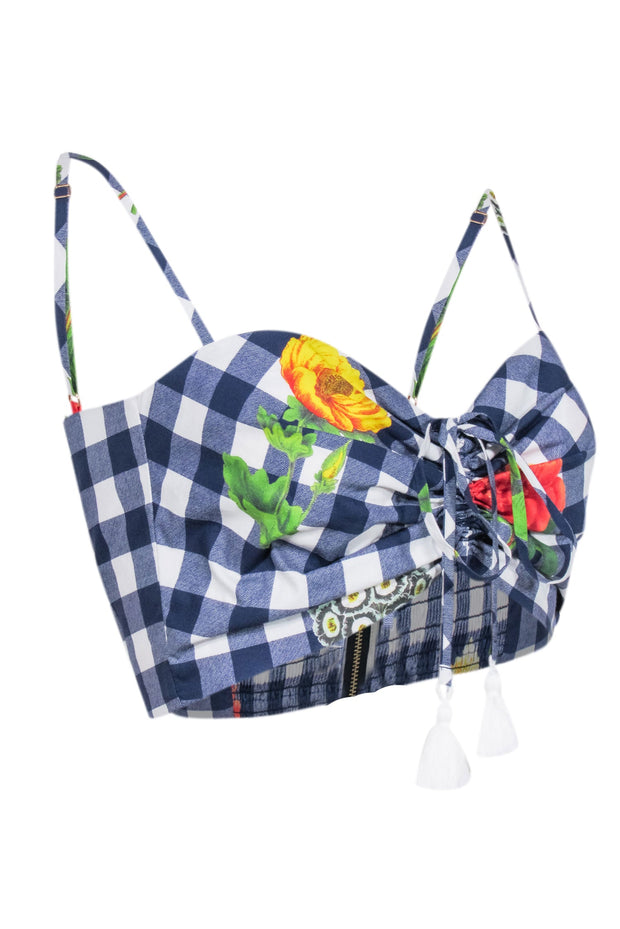 Current Boutique-Cara Cara - Navy & White Gingham Crop Top w/ Floral Print Sz S