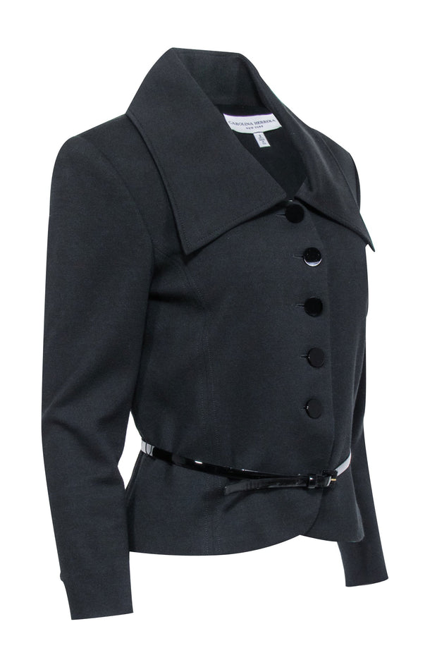 Current Boutique-Carolina Herrera - Black Cropped Button-Up Jacket w/ Belt Sz 8