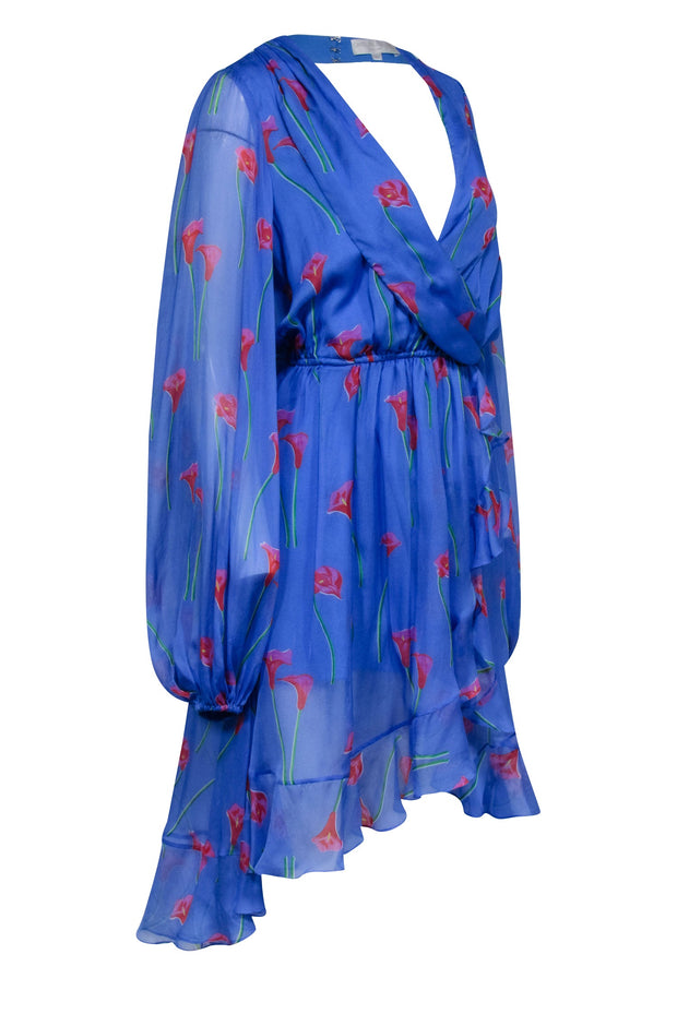 Current Boutique-Caroline Constas - Blue w/ Pink Floral Print Silk Ruffled "Olivia" Dress Sz M