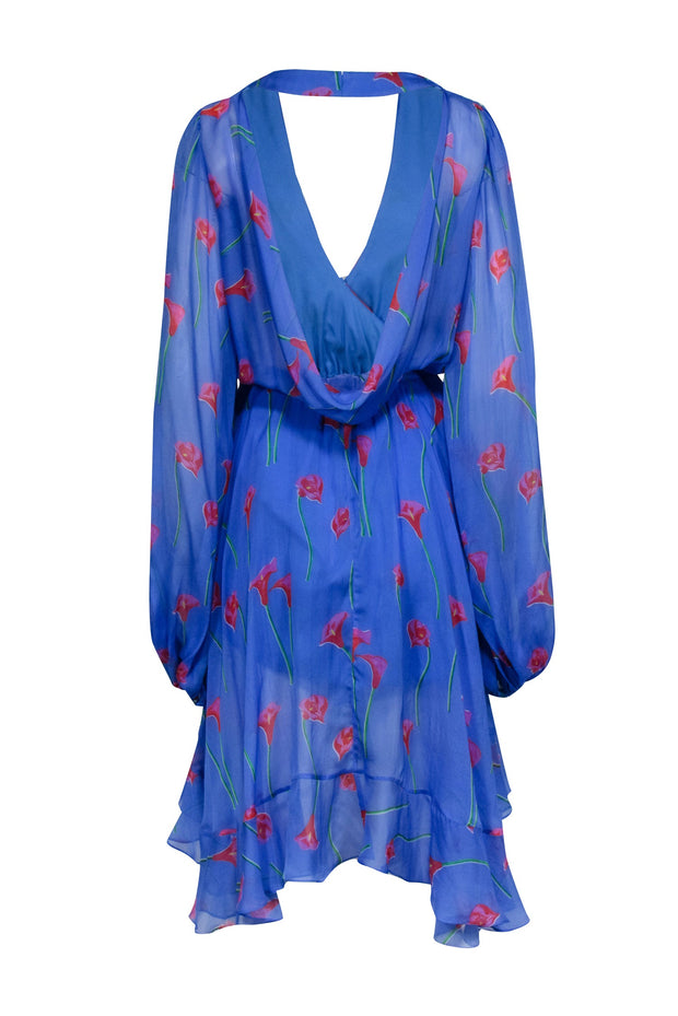 Current Boutique-Caroline Constas - Blue w/ Pink Floral Print Silk Ruffled "Olivia" Dress Sz M