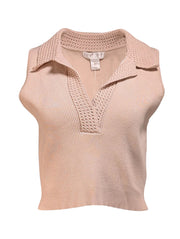 Current Boutique-Caroline Constas - Beige Ribbed Crochet Trim Sleeveless Cropped Top Sz L