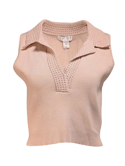 Current Boutique-Caroline Constas - Beige Ribbed Crochet Trim Sleeveless Cropped Top Sz L