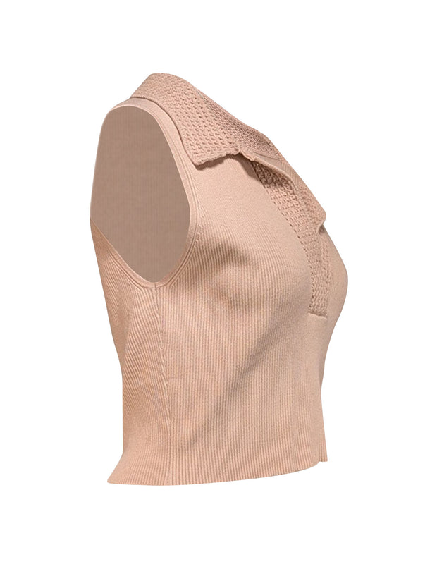 Current Boutique-Caroline Constas - Beige Ribbed Crochet Trim Sleeveless Cropped Top Sz L