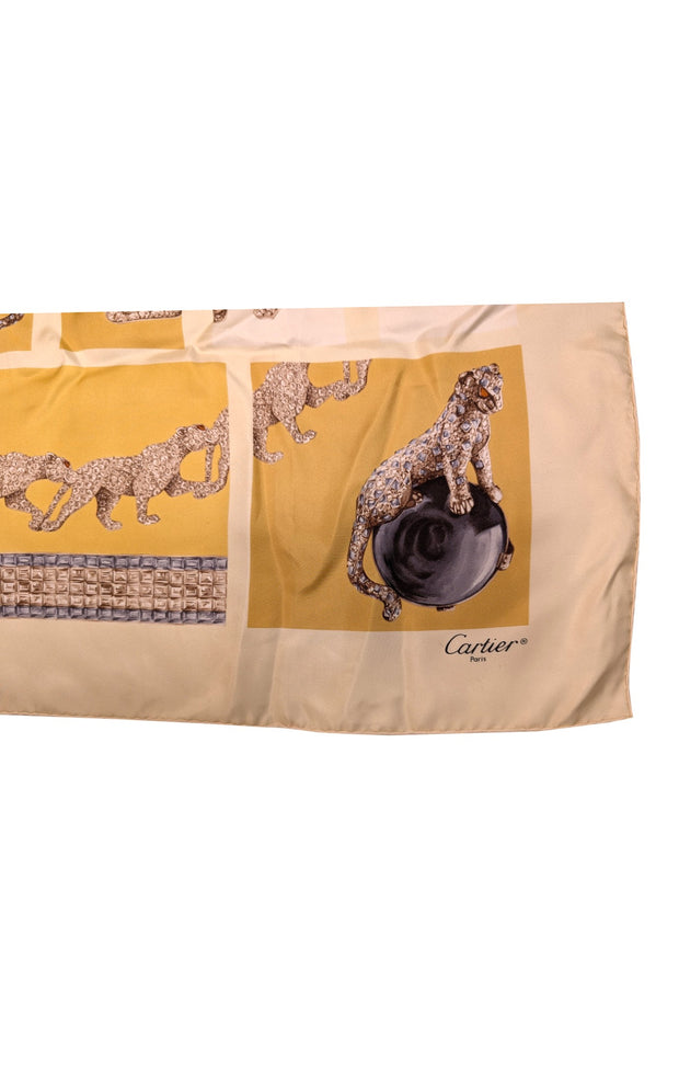 Cartier - Pale Yellow Jeweled Leopard Silk Scarf - Current Boutique