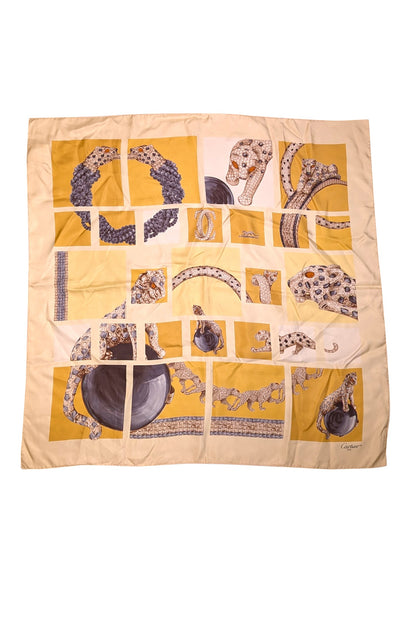 Cartier - Pale Yellow Jeweled Leopard Silk Scarf - Current Boutique
