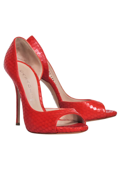 Current Boutique-Casadei - Orange Snakeskin Textured Open Toe Pumps Sz 6