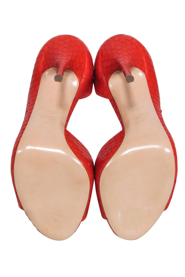 Current Boutique-Casadei - Orange Snakeskin Textured Open Toe Pumps Sz 6