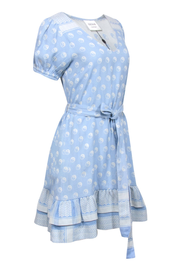 Current Boutique-Cecilie Copenhagen - Light Blue & Ivory Yin & Yang Belted Mini Dress Sz S