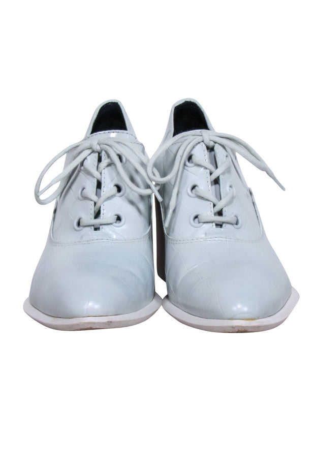 Current Boutique-Celine - Blue Reptile Embossed Lace Up Heels Sz 8