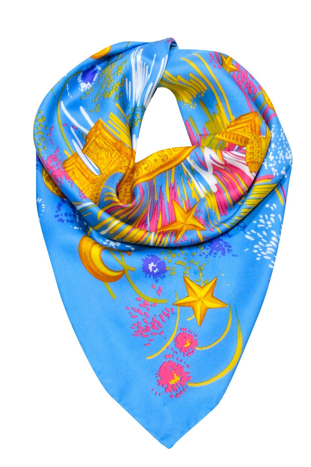 Current Boutique-Celine - Blue & Multi Color Print Scarf