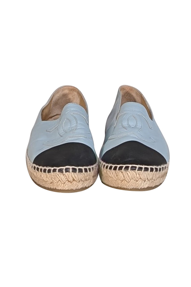 Chanel - Light Blue & Black Lambskin Leather Espadrilles Sz 12 - Current Boutique