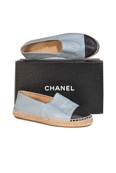Chanel - Light Blue & Black Lambskin Leather Espadrilles Sz 12 - Current Boutique