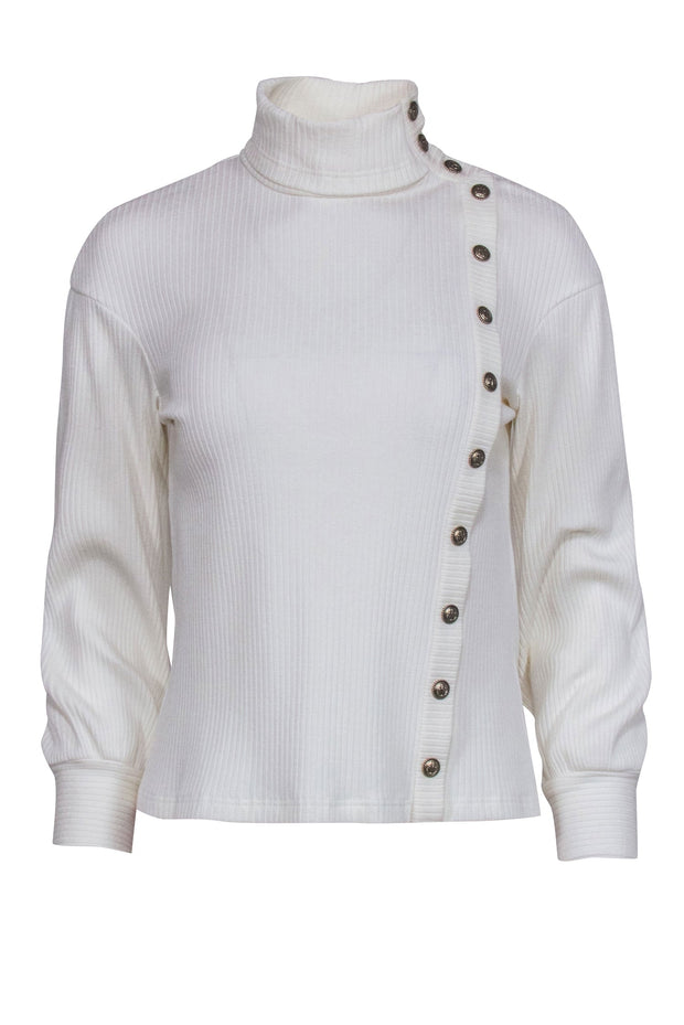 Current Boutique-Chanel Ivory Ribbed Knit Long Sleeve Side Button Top Sz 4