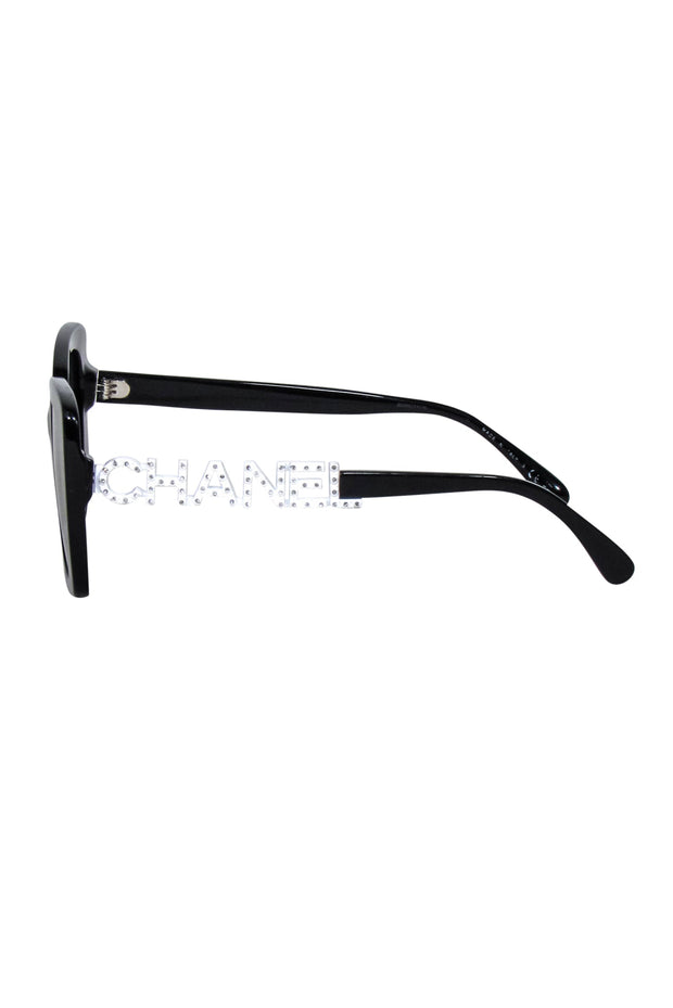 Current Boutique-Chanel - Black Frames w/ Bejeweled Chanel Leg Sunglasses