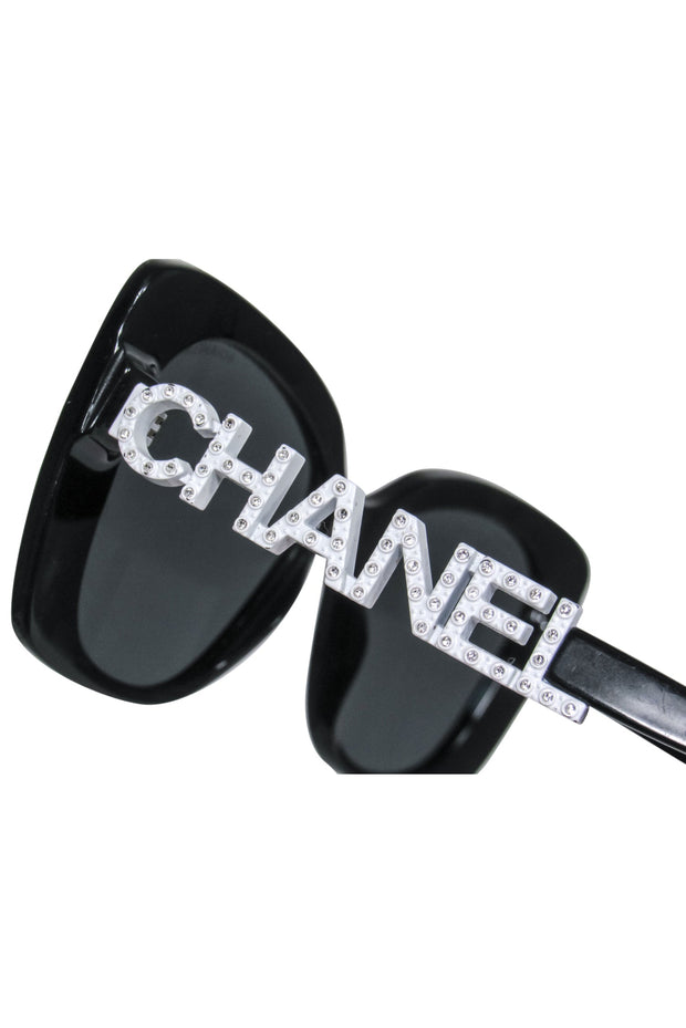Current Boutique-Chanel - Black Frames w/ Bejeweled Chanel Leg Sunglasses
