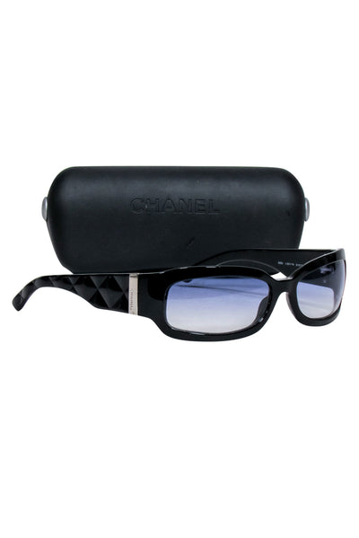 Current Boutique-Chanel - Black Slim Sunglasses w/ Textured Side Detail