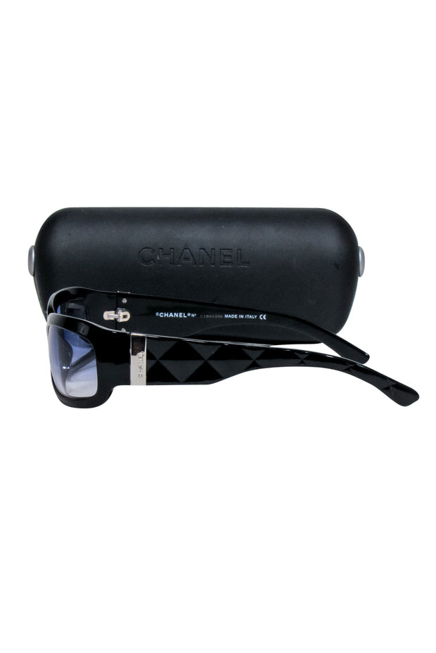 Current Boutique-Chanel - Black Slim Sunglasses w/ Textured Side Detail