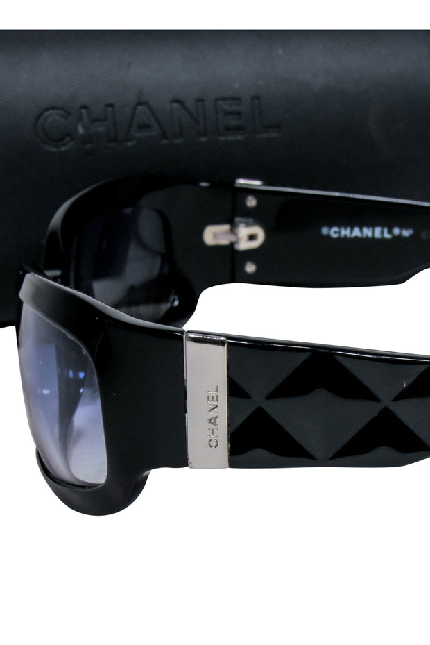 Current Boutique-Chanel - Black Slim Sunglasses w/ Textured Side Detail