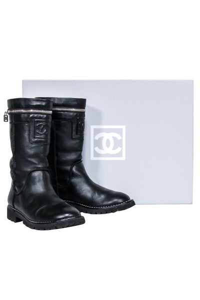 Current Boutique-Chanel - Black Leather Mid Calf Boots Sz 7