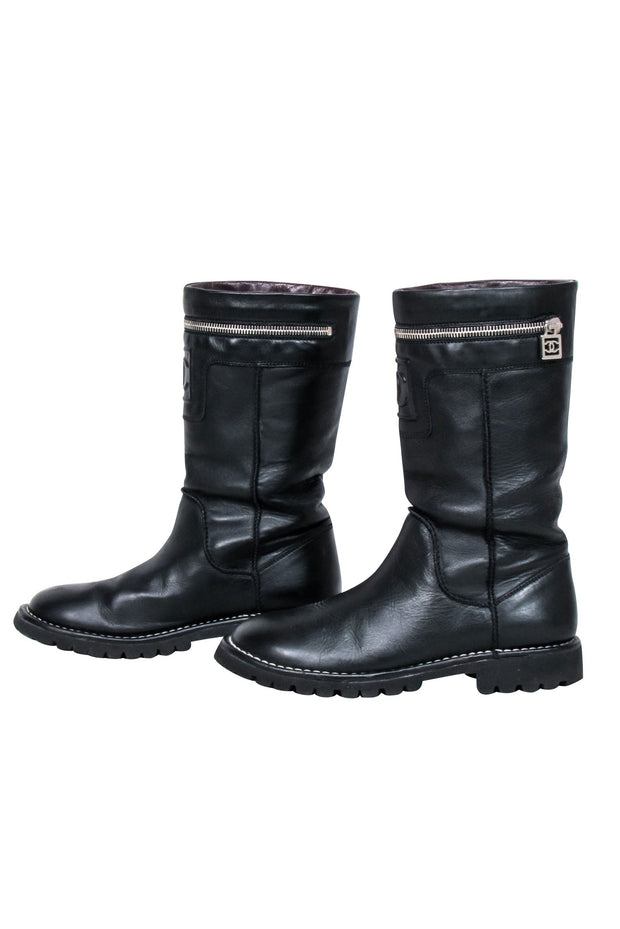 Current Boutique-Chanel - Black Leather Mid Calf Boots Sz 7