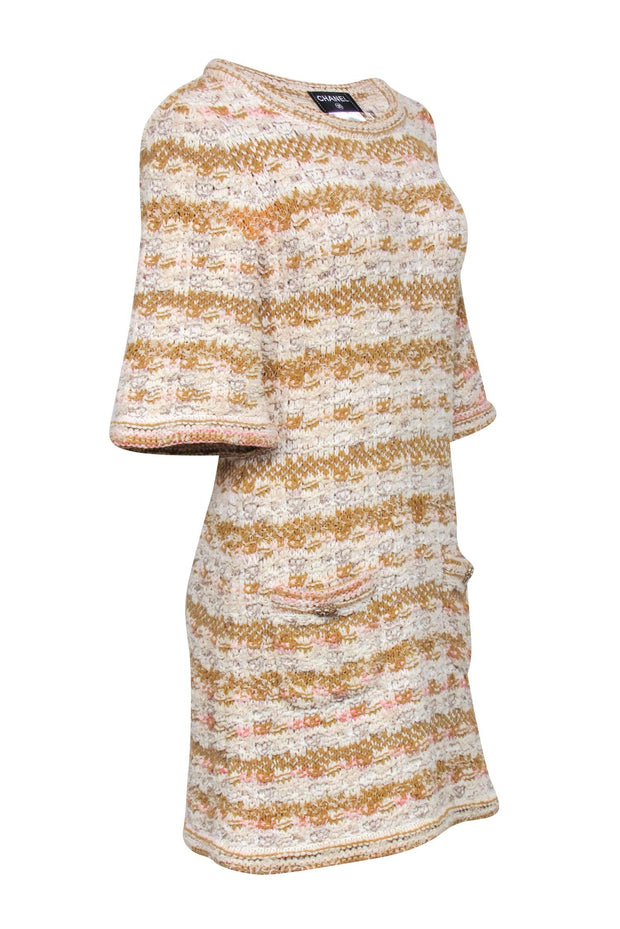 Current Boutique-Chanel - Ivory, Tan, & Pink Tweed Knit Dress Sz 4